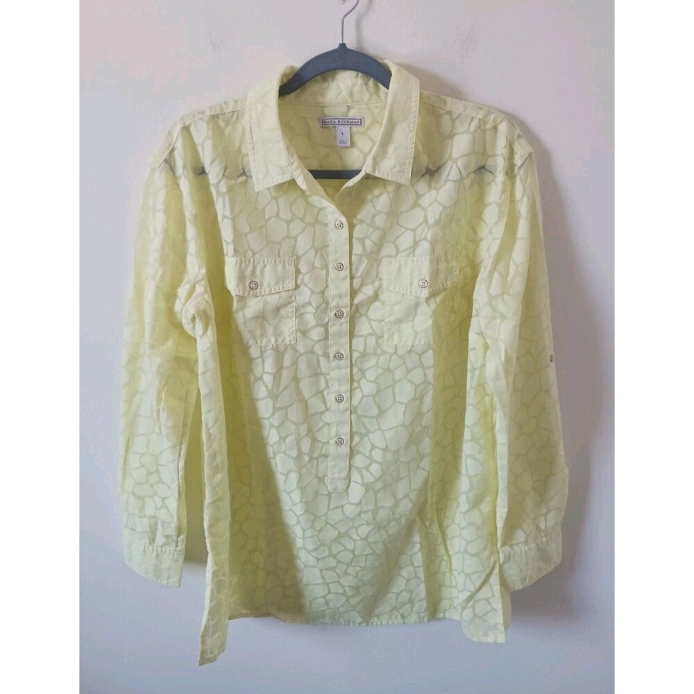 Dana Buchman Shirt Women L Yellow Button Up Collared Roll Tab Sleeve